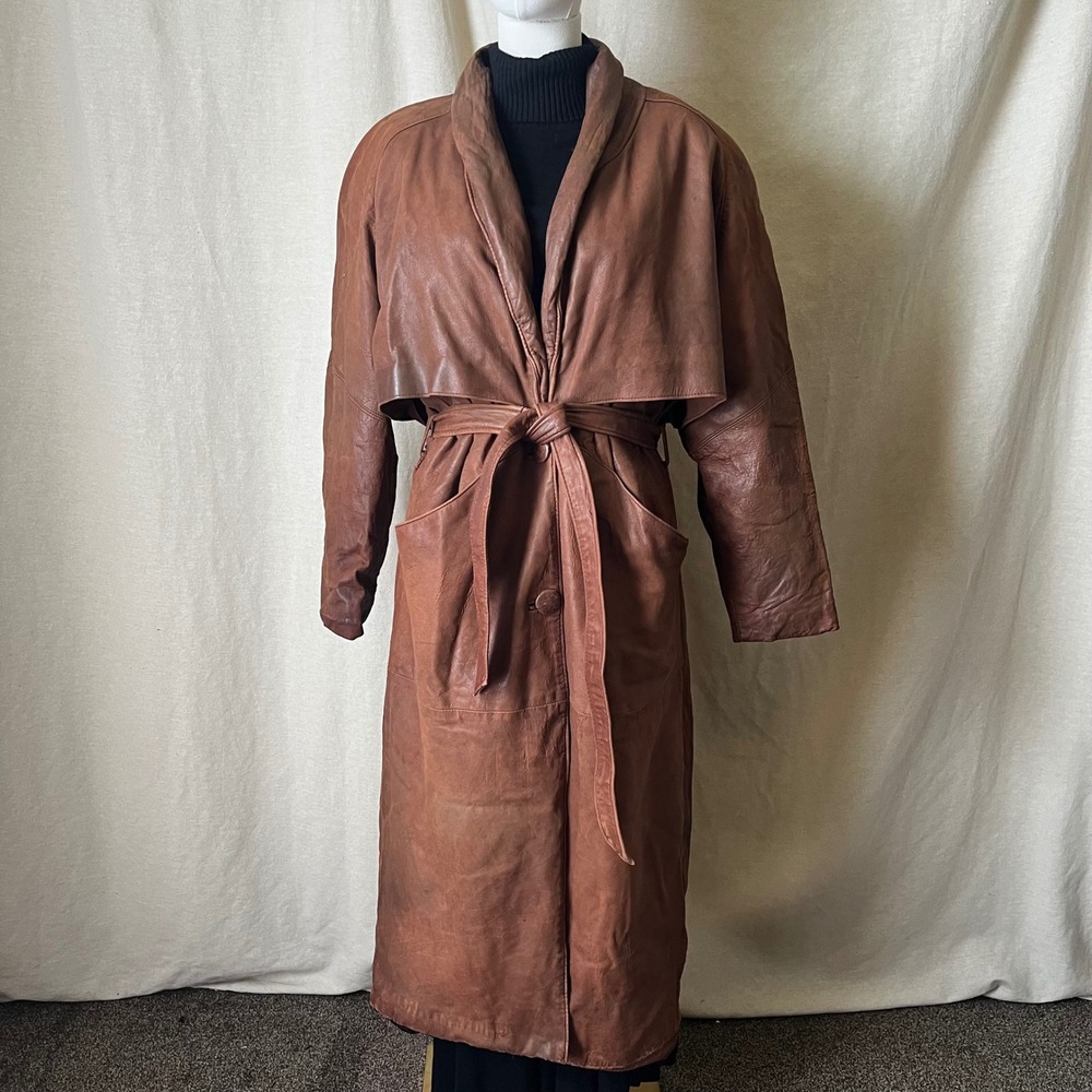 Vintage Martani Brown Leather Trench Coat Removable Lining Belted Fur Collar M